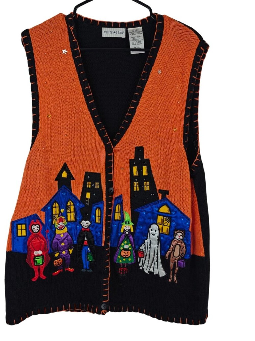 Ladies Halloween Sweater Vest Orange/Black XL Cotton Blend Embroidered